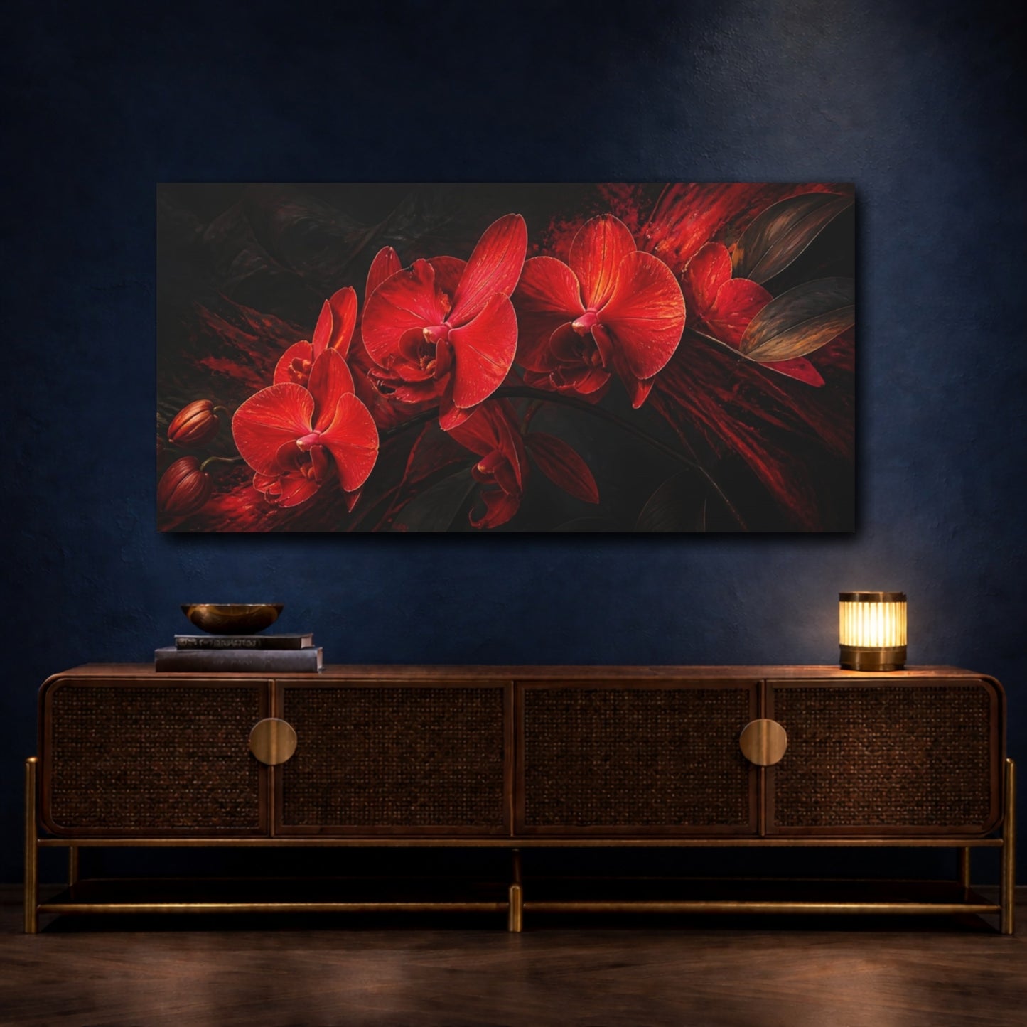 Mockup 4. Floral Orchids Red Orchids Dark shown as stretched canvas wall art