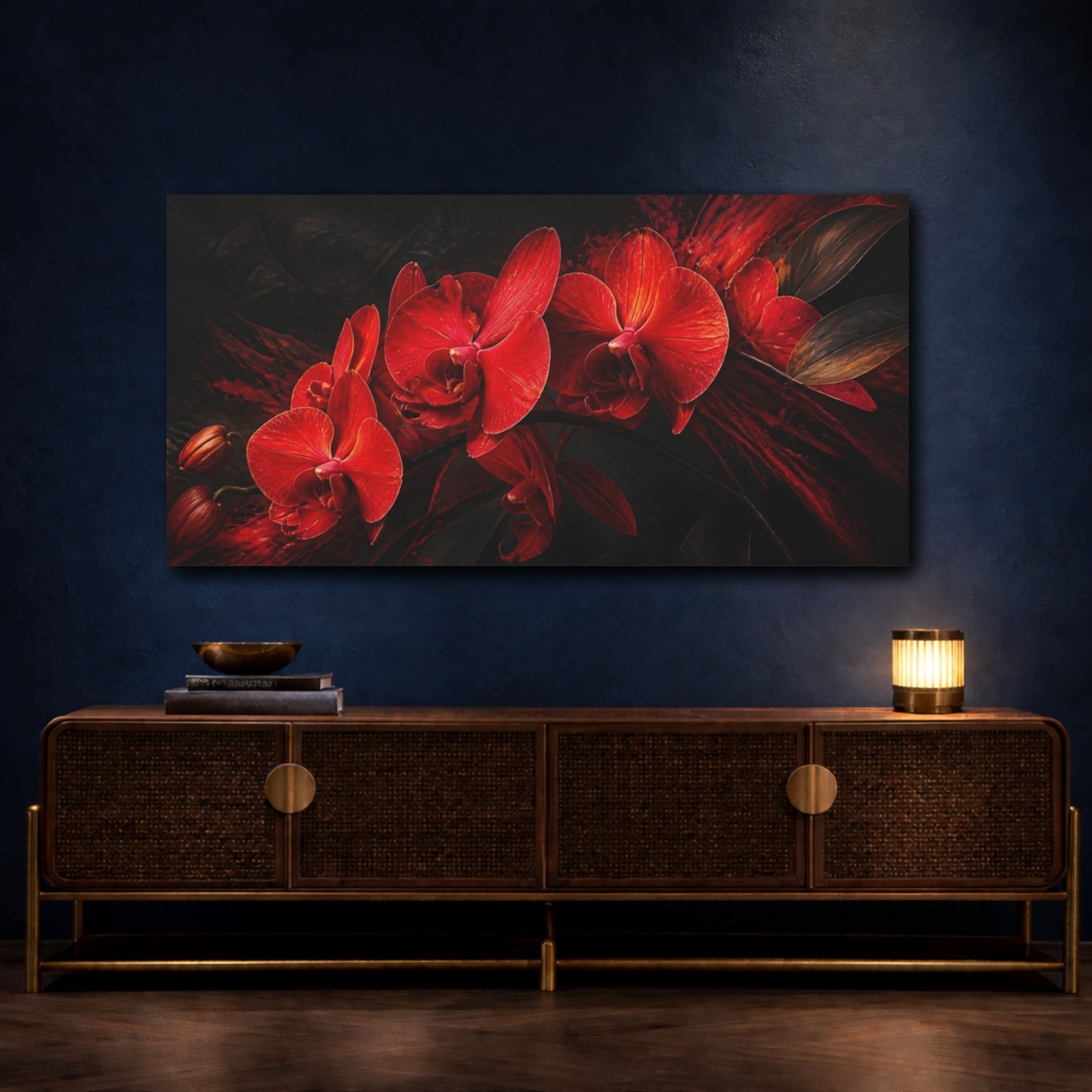 Mockup 4. Floral Orchids Red Orchids Dark shown as stretched canvas wall art