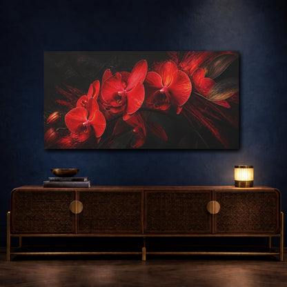 Mockup 4. Floral Orchids Red Orchids Dark shown as stretched canvas wall art