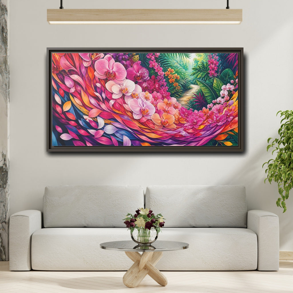 Mockup 2. Floral Orchids Vibrant Floral shown as stretched canvas wall art