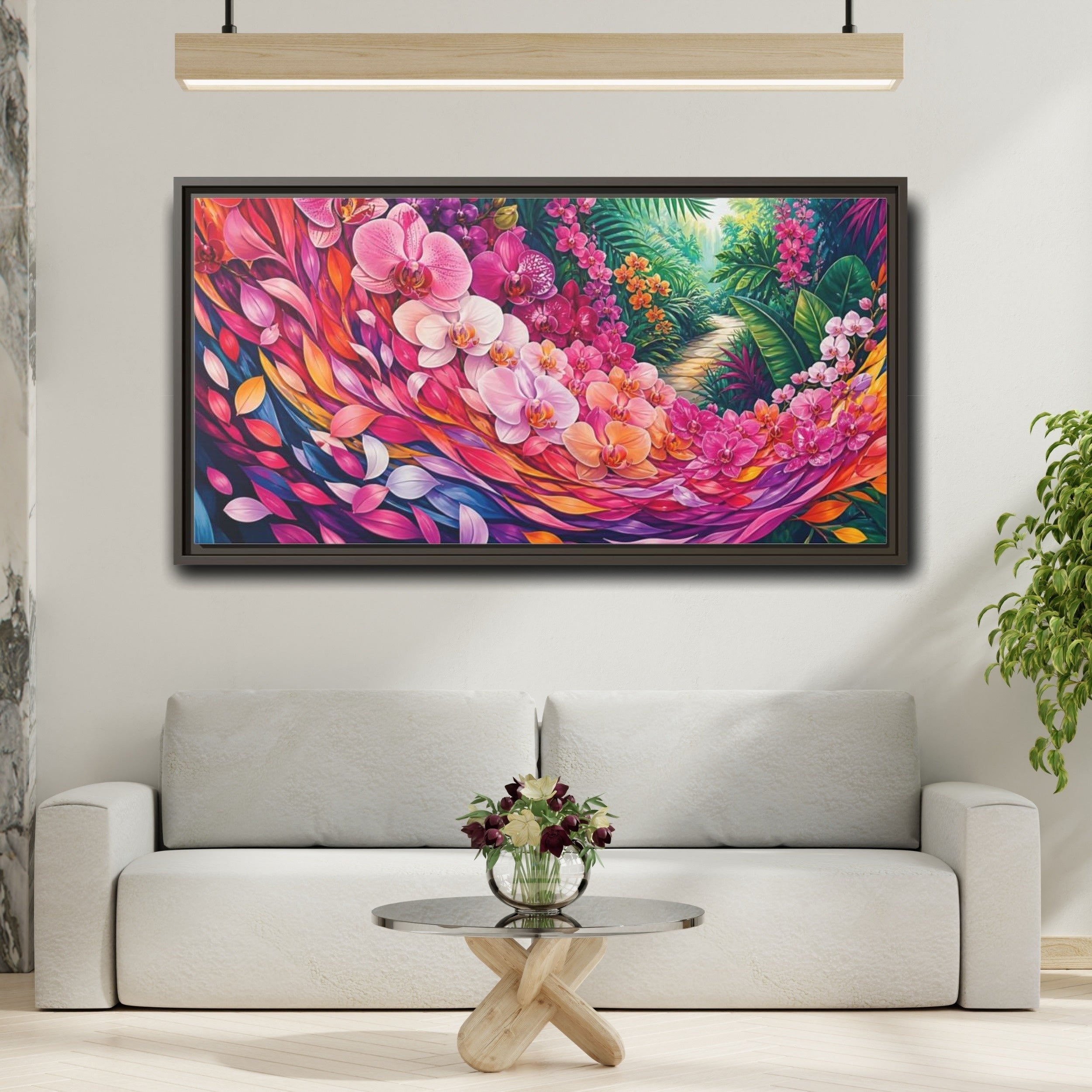 Mockup 2. Floral Orchids Vibrant Floral shown as stretched canvas wall art