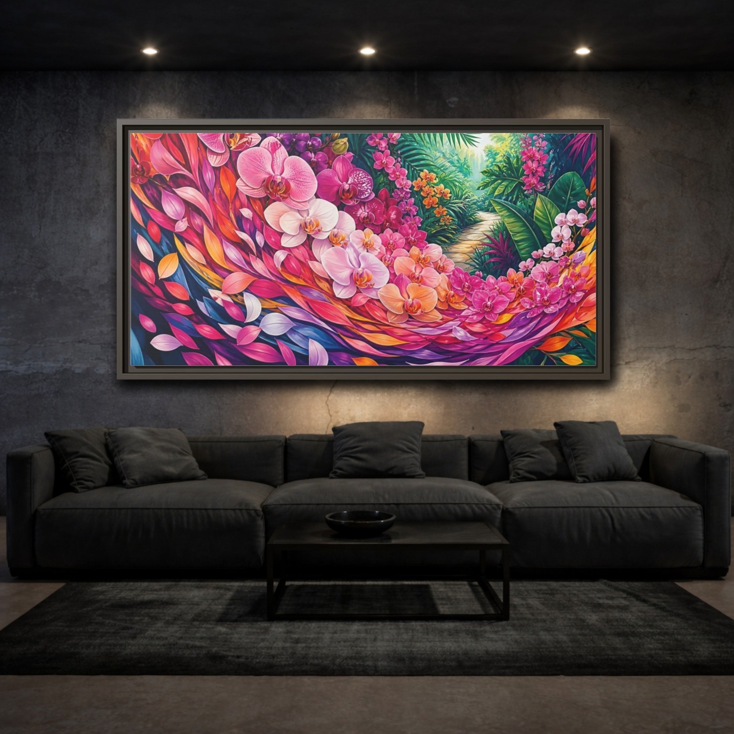 Mockup 3. Floral Orchids Vibrant Floral shown as stretched canvas wall art