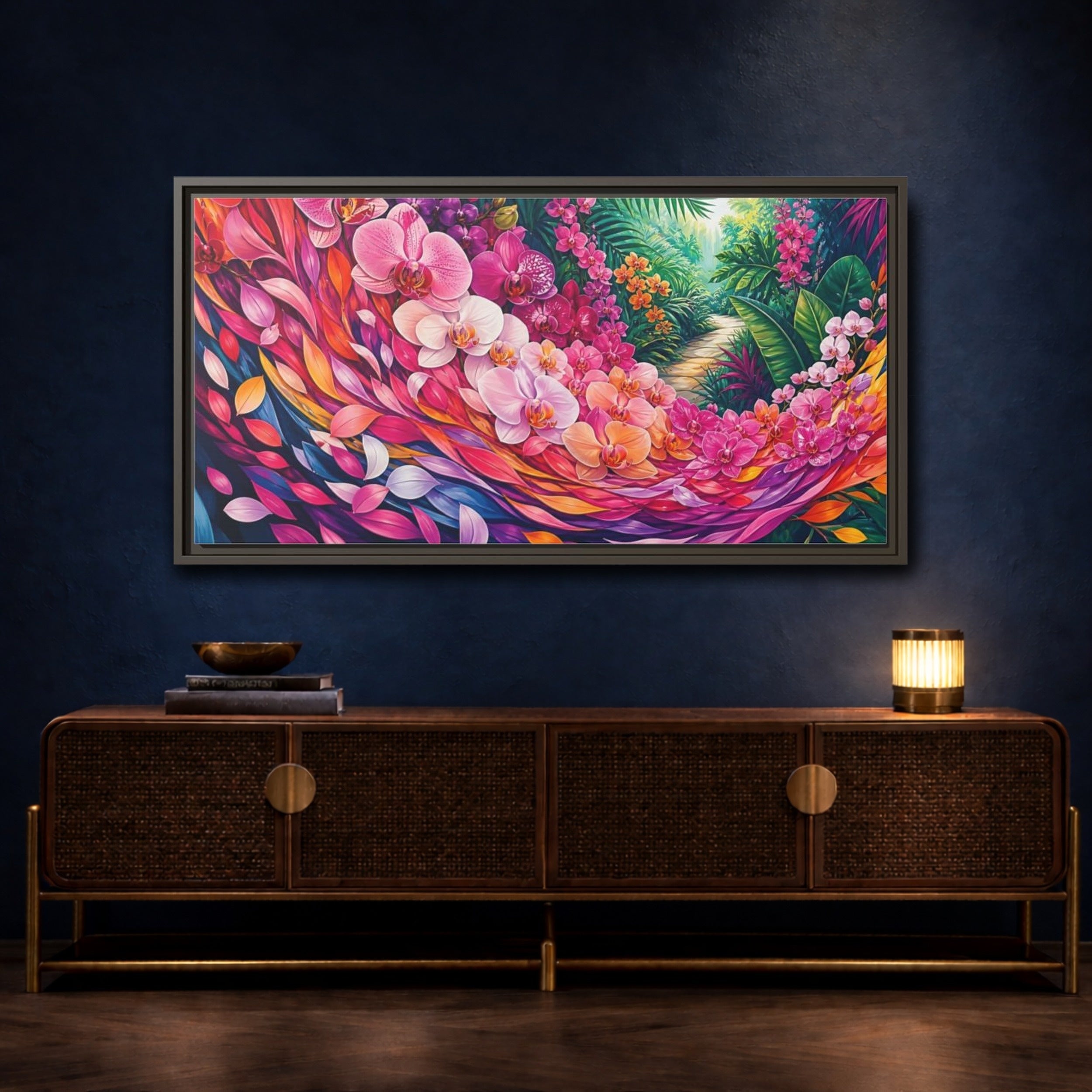 Mockup 4. Floral Orchids Vibrant Floral shown as stretched canvas wall art