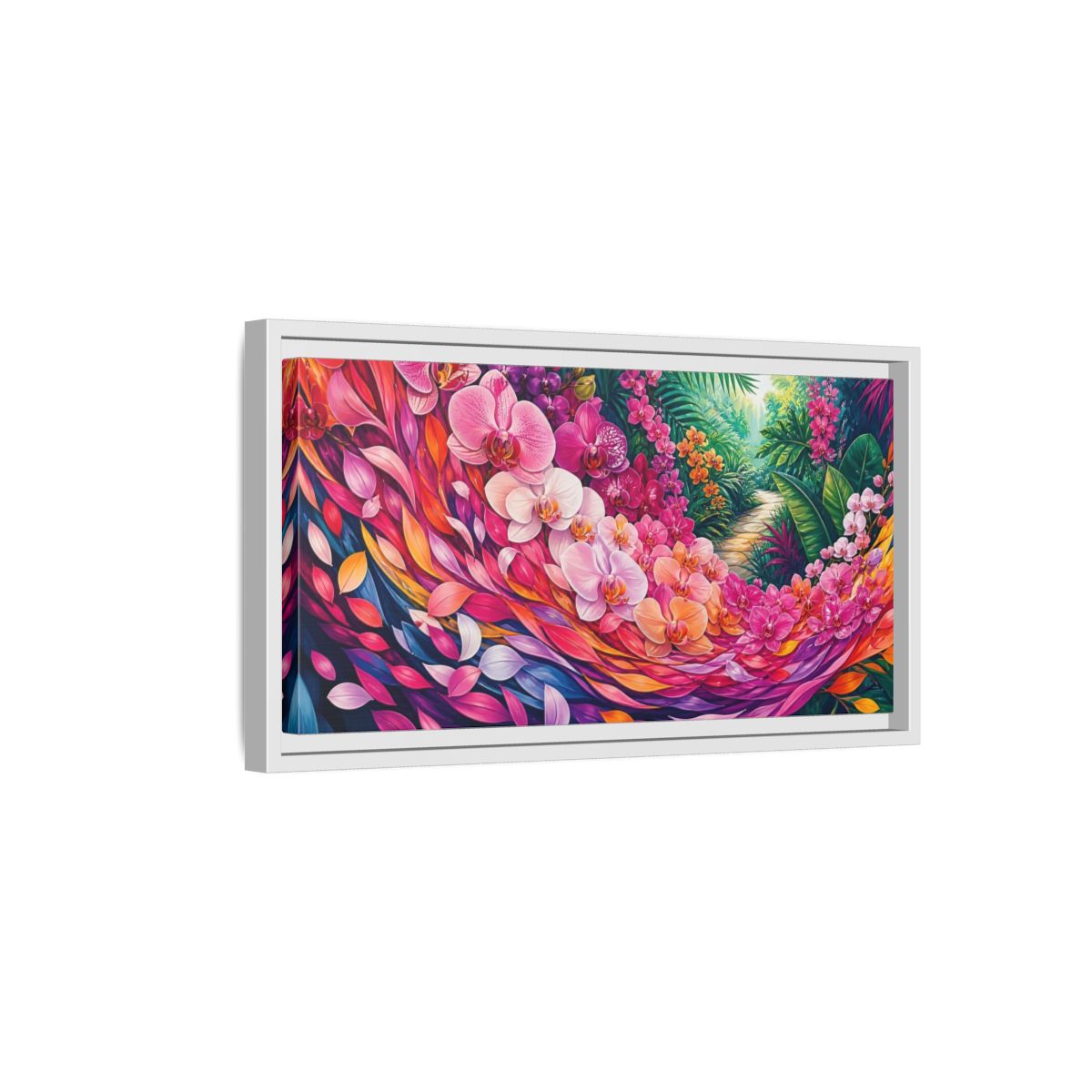 Side Mockup 6. Floral Orchids Vibrant Floral shown as stretched canvas wall art