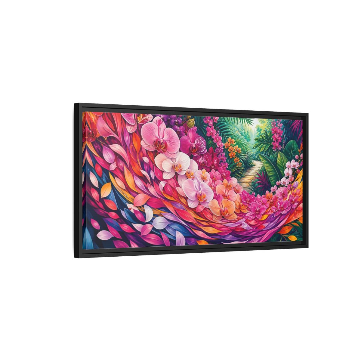 Side Mockup 2. Floral Orchids Vibrant Floral shown as stretched canvas wall art