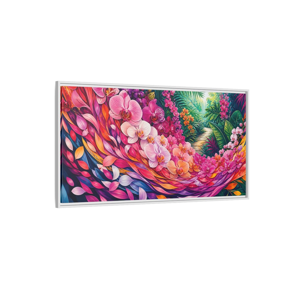 Side Mockup 3. Floral Orchids Vibrant Floral shown as stretched canvas wall art