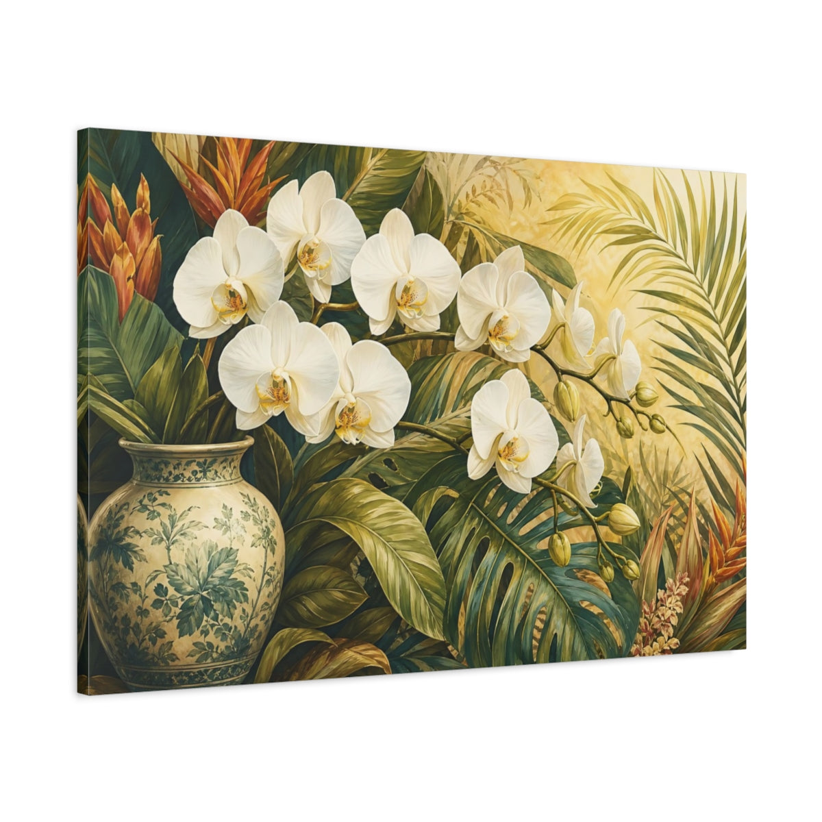 Main Mockup. Floral Orchids White Orchids Tropical shown as stretched canvas wall art
