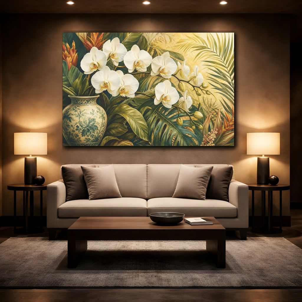 Mockup 2. Floral Orchids White Orchids Tropical shown as stretched canvas wall art