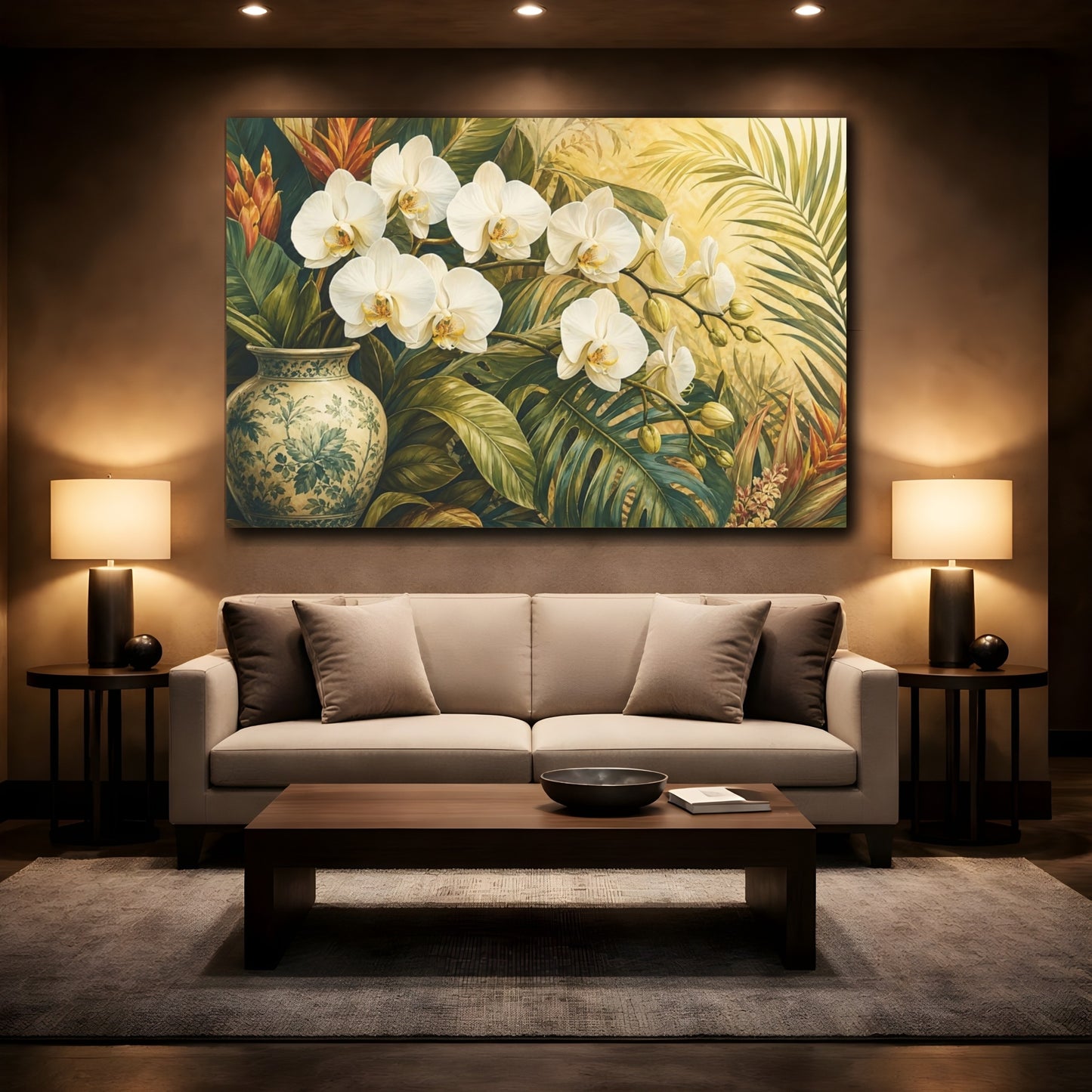 Mockup 2. Floral Orchids White Orchids Tropical shown as stretched canvas wall art