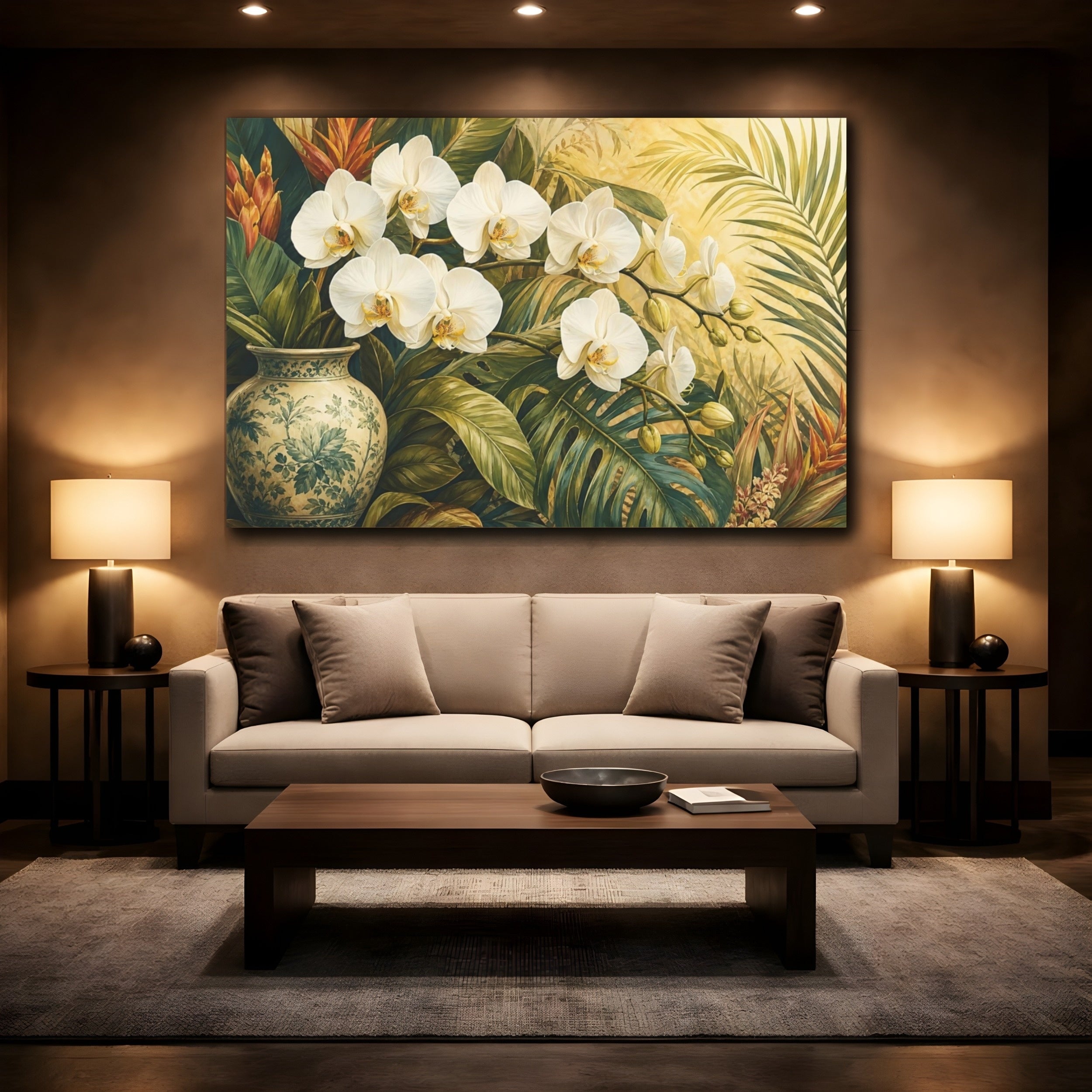 Mockup 2. Floral Orchids White Orchids Tropical shown as stretched canvas wall art