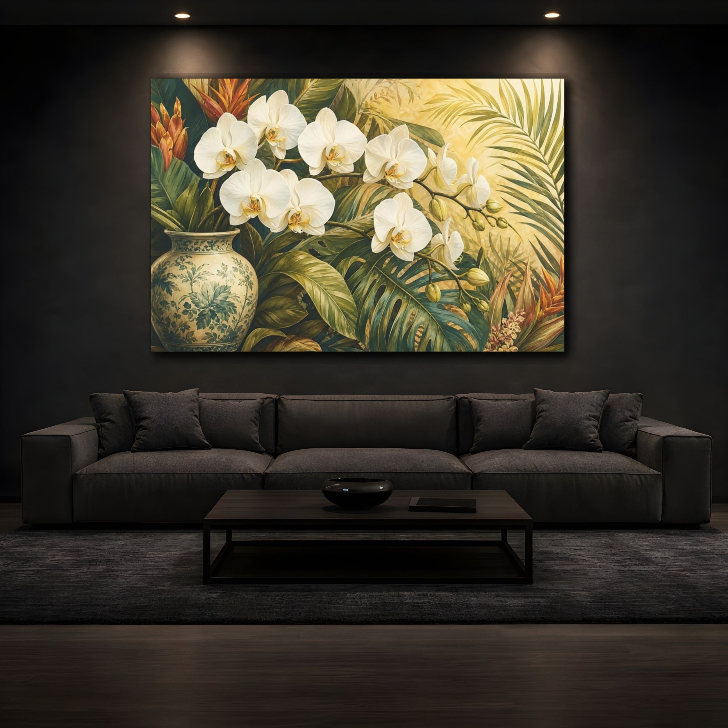 Mockup 3. Floral Orchids White Orchids Tropical shown as stretched canvas wall art