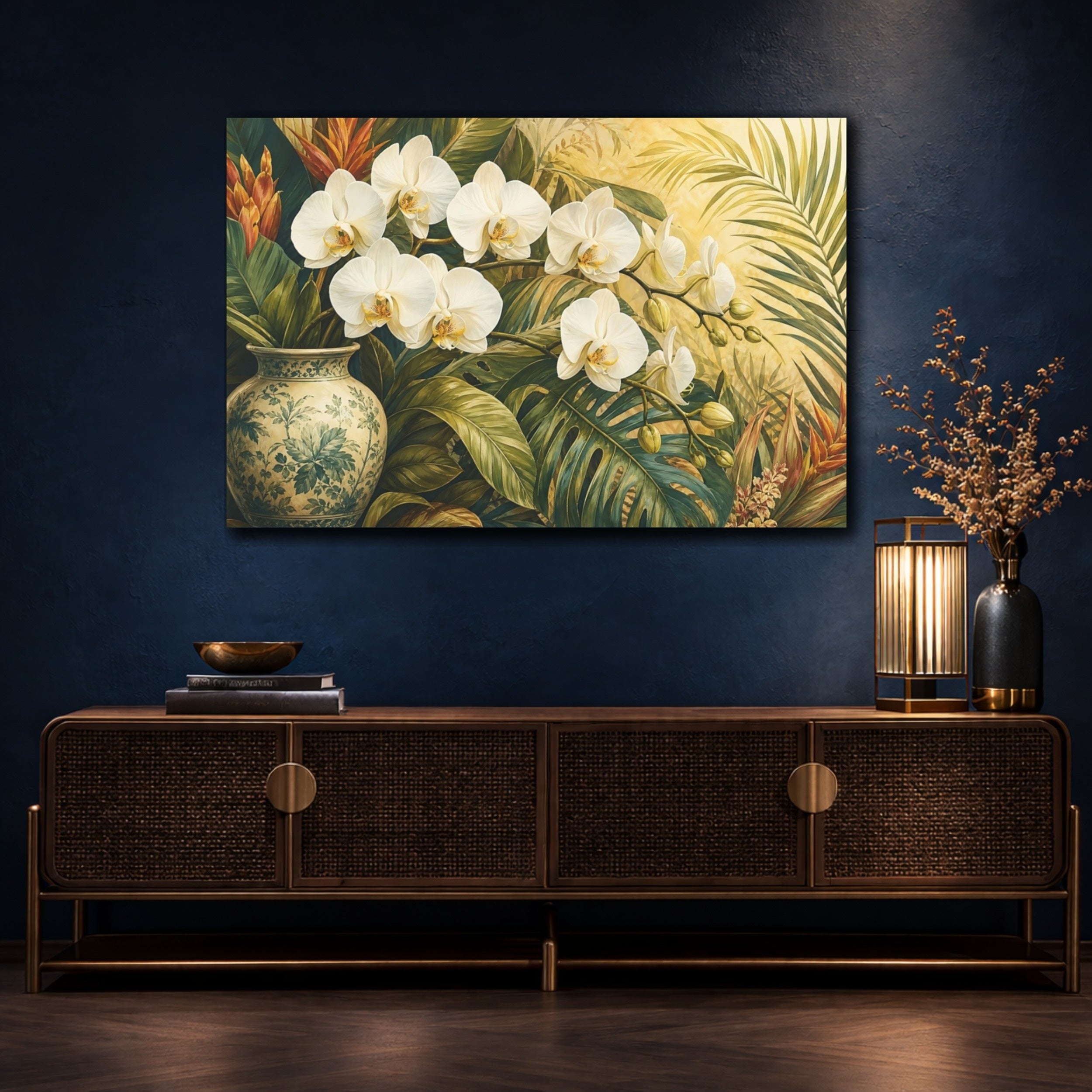Mockup 4. Floral Orchids White Orchids Tropical shown as stretched canvas wall art