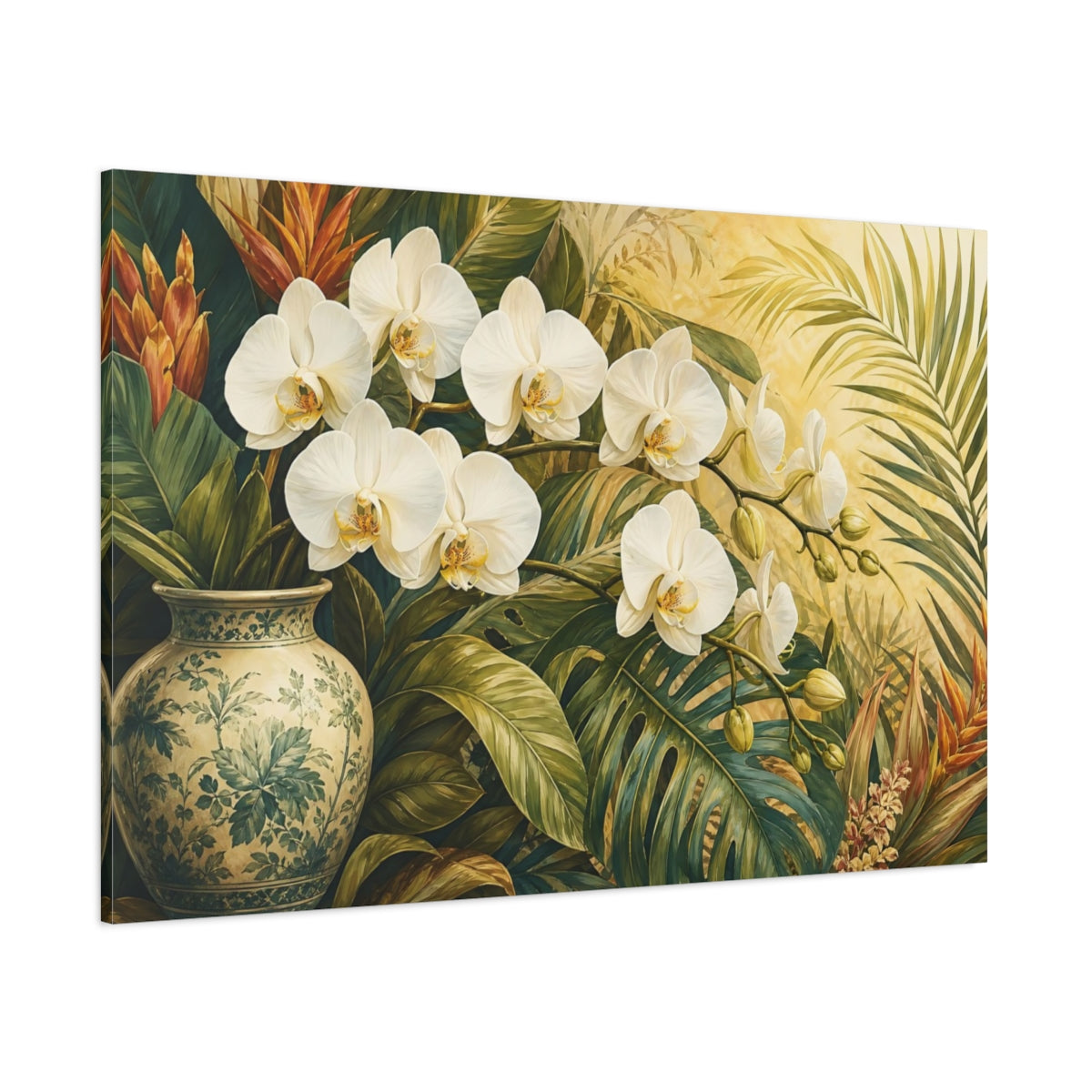 Side Mockup 1. Floral Orchids White Orchids Tropical shown as stretched canvas wall art