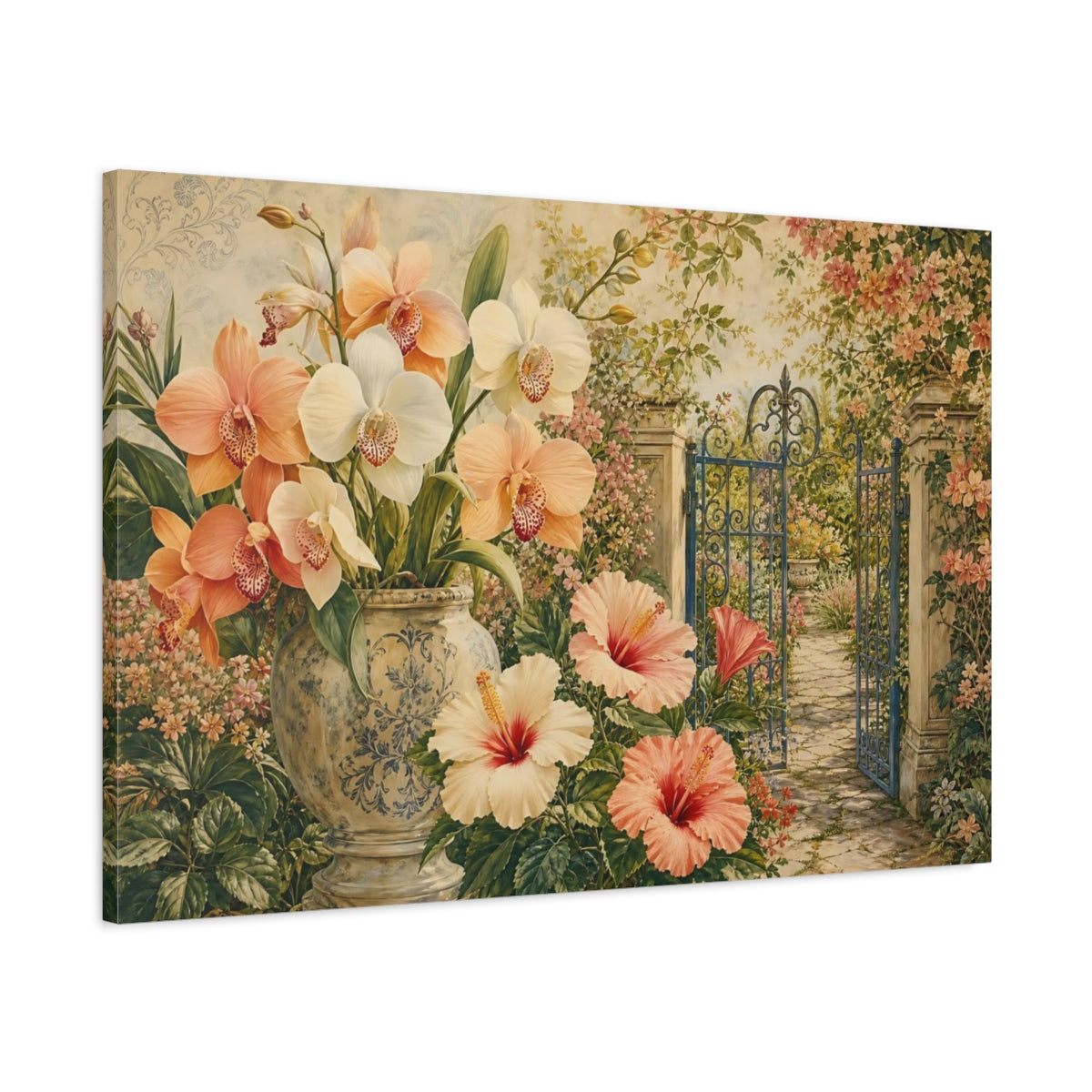 Main Mockup. Floral Orchids, Hibiscus Peach And Green Floral shown as stretched canvas wall art