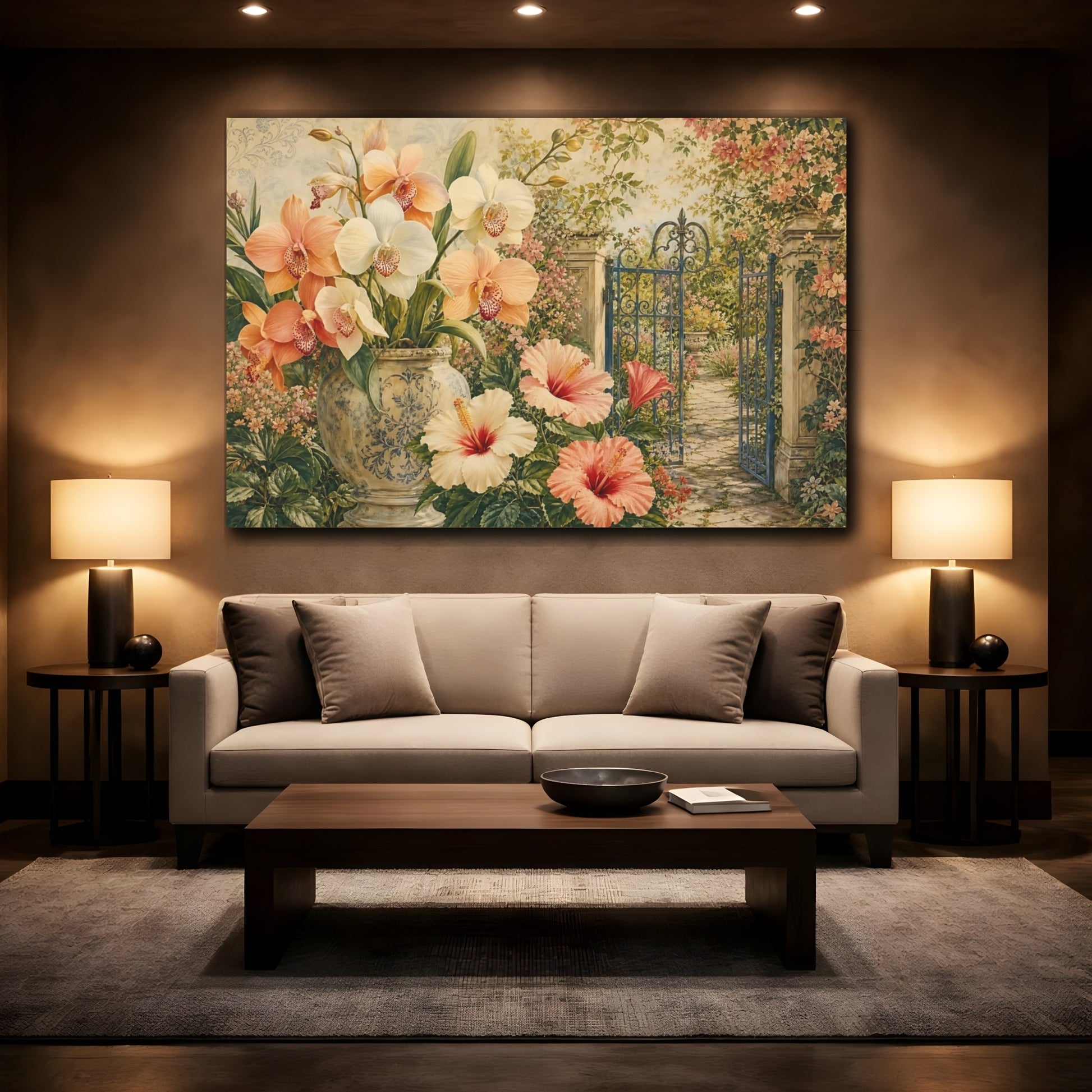 Mockup 2. Floral Orchids, Hibiscus Peach And Green Floral shown as stretched canvas wall art