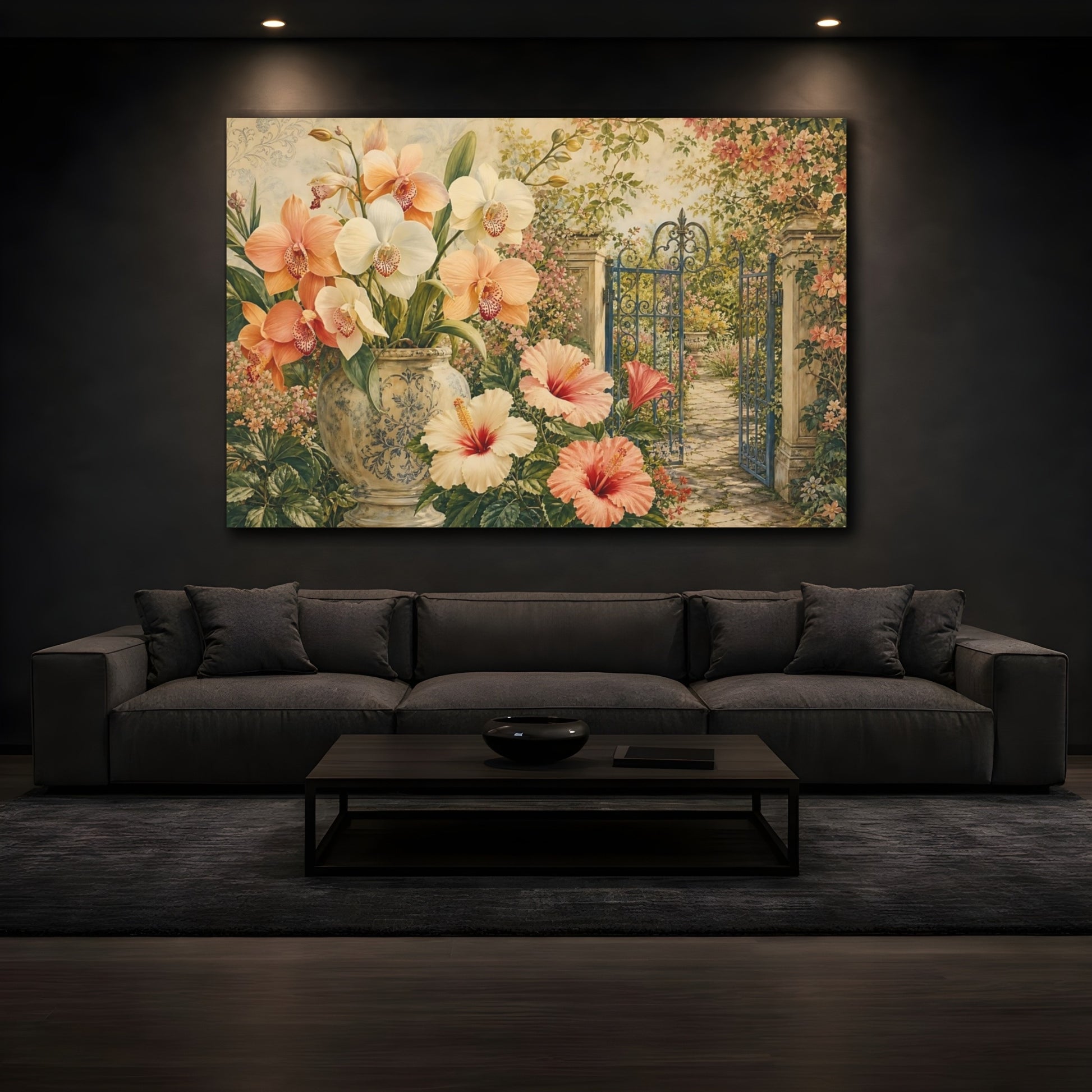 Mockup 3. Floral Orchids, Hibiscus Peach And Green Floral shown as stretched canvas wall art