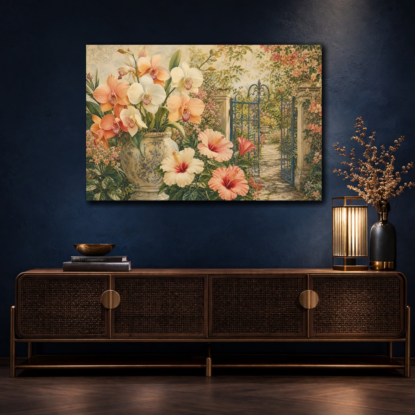 Mockup 4. Floral Orchids, Hibiscus Peach And Green Floral shown as stretched canvas wall art