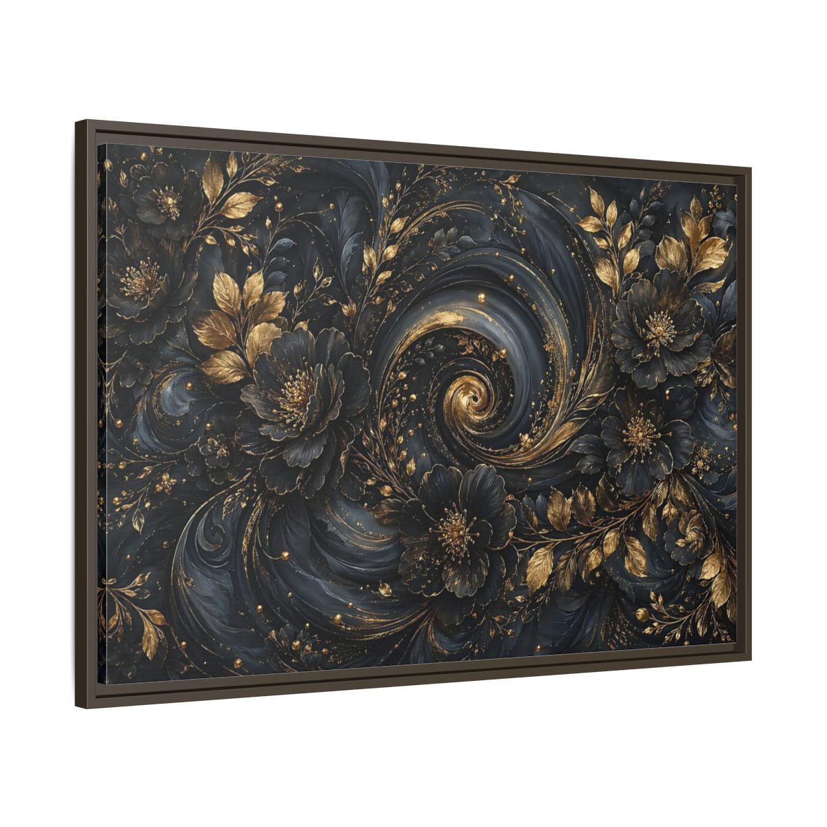 Main Mockup. Floral Ornate Flowers Black Gold Floral shown as stretched canvas wall art