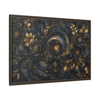 Main Mockup. Floral Ornate Flowers Black Gold Floral shown as stretched canvas wall art