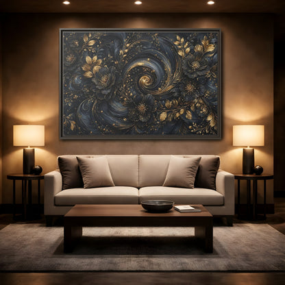 Mockup 2. Floral Ornate Flowers Black Gold Floral shown as stretched canvas wall art