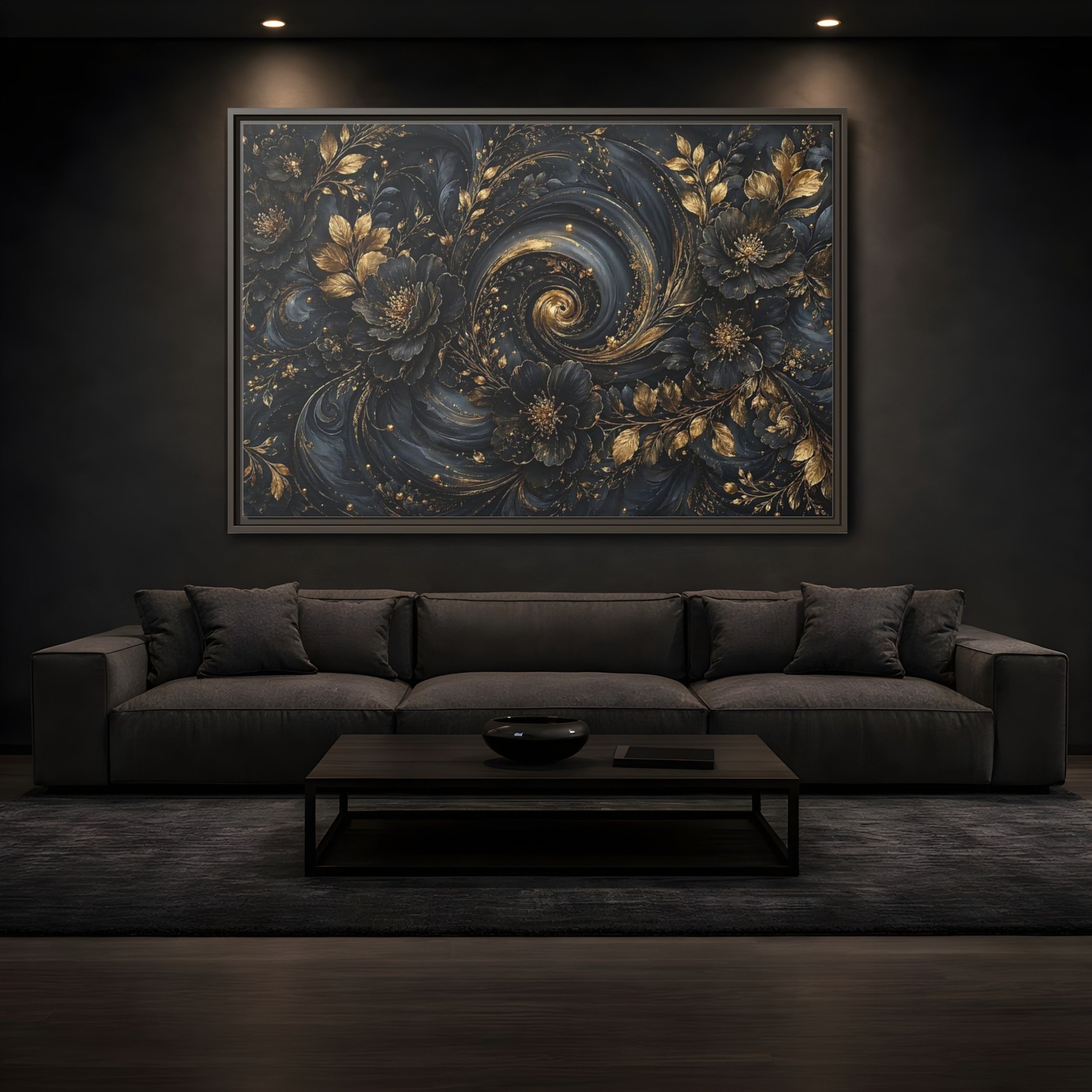 Mockup 3. Floral Ornate Flowers Black Gold Floral shown as stretched canvas wall art