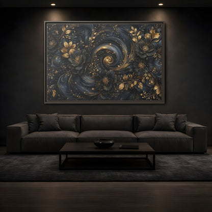 Mockup 3. Floral Ornate Flowers Black Gold Floral shown as stretched canvas wall art