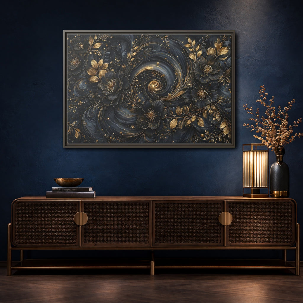 Mockup 4. Floral Ornate Flowers Black Gold Floral shown as stretched canvas wall art