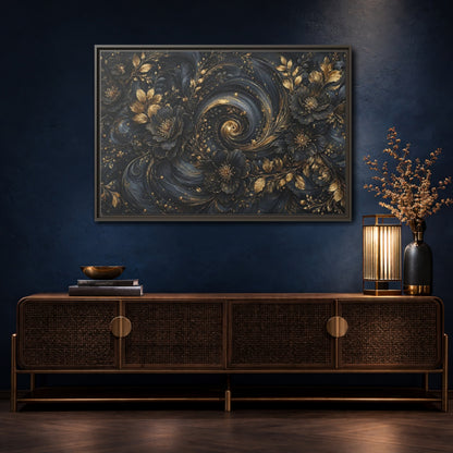 Mockup 4. Floral Ornate Flowers Black Gold Floral shown as stretched canvas wall art