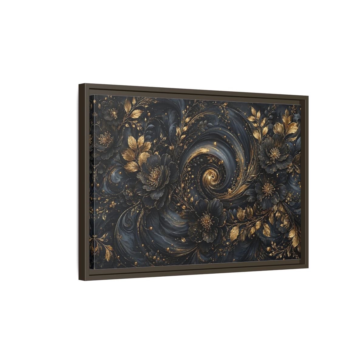 Side Mockup 2. Floral Ornate Flowers Black Gold Floral shown as stretched canvas wall art