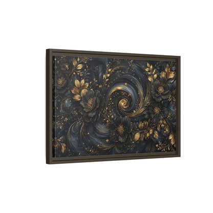Side Mockup 2. Floral Ornate Flowers Black Gold Floral shown as stretched canvas wall art