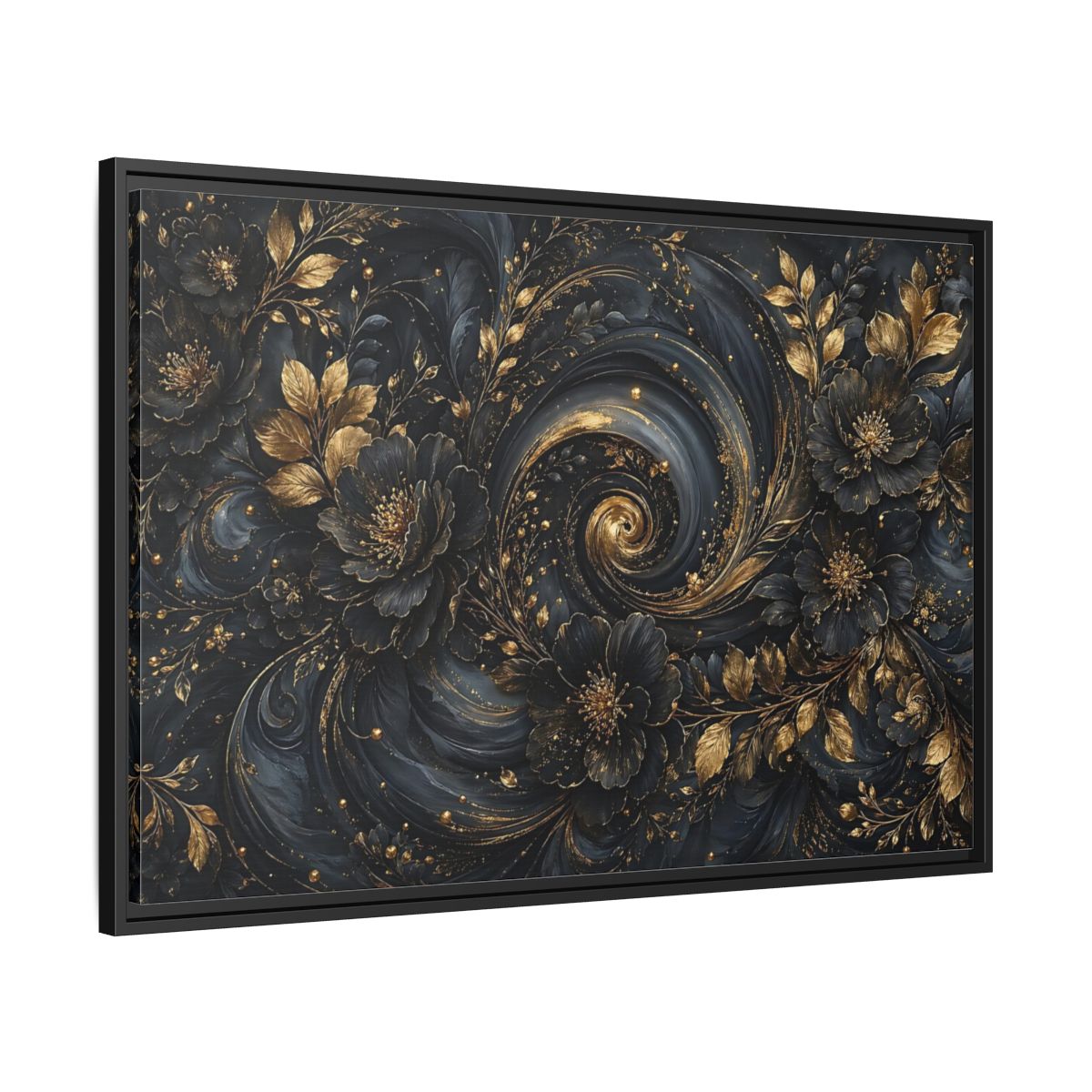 Side Mockup 13. Floral Ornate Flowers Black Gold Floral shown as stretched canvas wall art