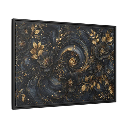 Side Mockup 13. Floral Ornate Flowers Black Gold Floral shown as stretched canvas wall art