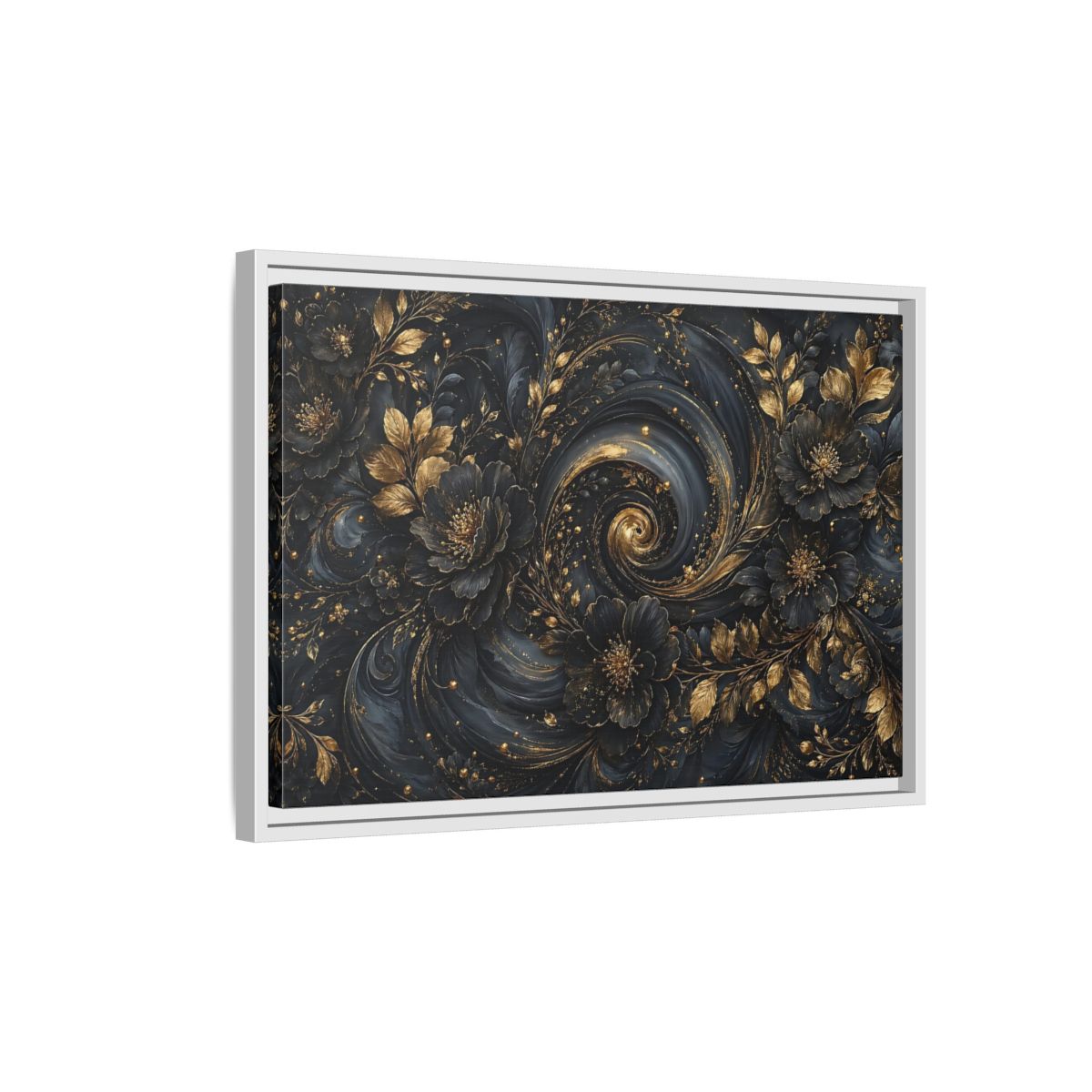 Side Mockup 1. Floral Ornate Flowers Black Gold Floral shown as stretched canvas wall art