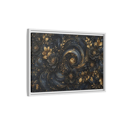 Side Mockup 1. Floral Ornate Flowers Black Gold Floral shown as stretched canvas wall art