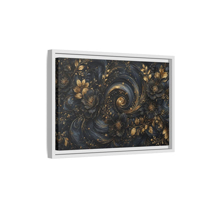 Side Mockup 4. Floral Ornate Flowers Black Gold Floral shown as stretched canvas wall art