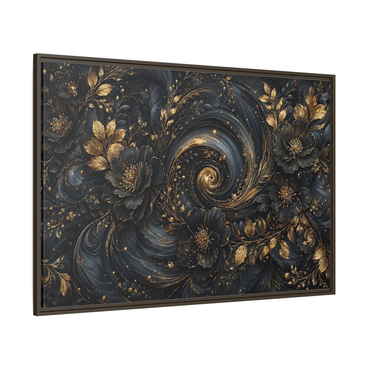 Side Mockup 8. Floral Ornate Flowers Black Gold Floral shown as stretched canvas wall art