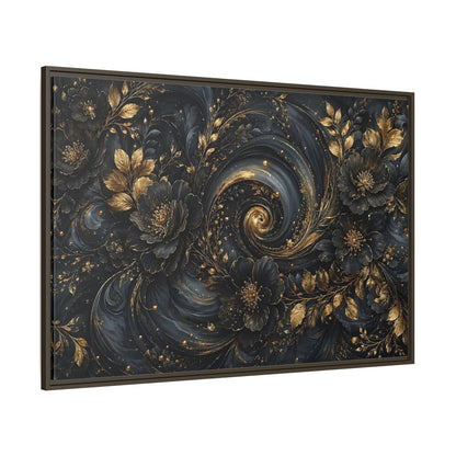 Side Mockup 8. Floral Ornate Flowers Black Gold Floral shown as stretched canvas wall art