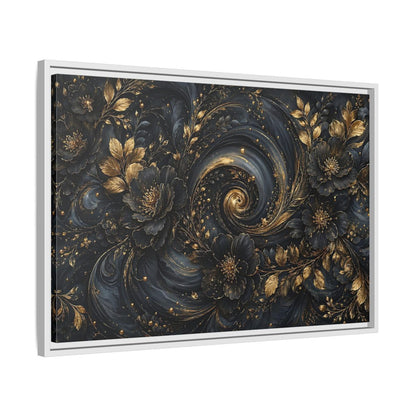 Side Mockup 10. Floral Ornate Flowers Black Gold Floral shown as stretched canvas wall art