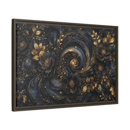 Side Mockup 11. Floral Ornate Flowers Black Gold Floral shown as stretched canvas wall art