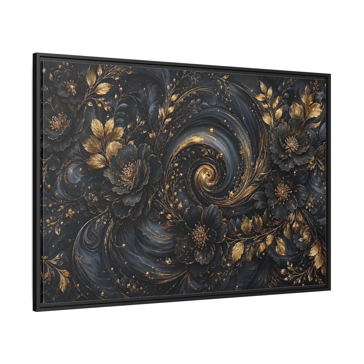 Side Mockup 12. Floral Ornate Flowers Black Gold Floral shown as stretched canvas wall art