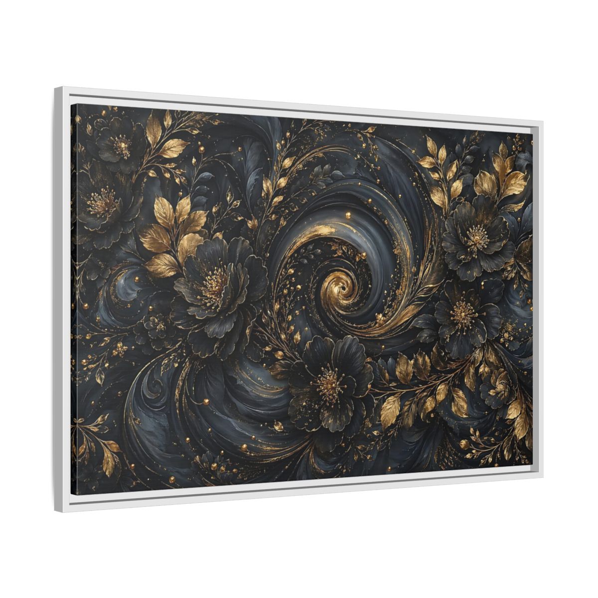 Side Mockup 9. Floral Ornate Flowers Black Gold Floral shown as stretched canvas wall art