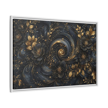 Side Mockup 9. Floral Ornate Flowers Black Gold Floral shown as stretched canvas wall art