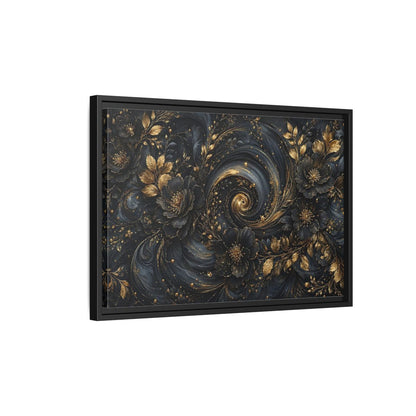 Side Mockup 3. Floral Ornate Flowers Black Gold Floral shown as stretched canvas wall art