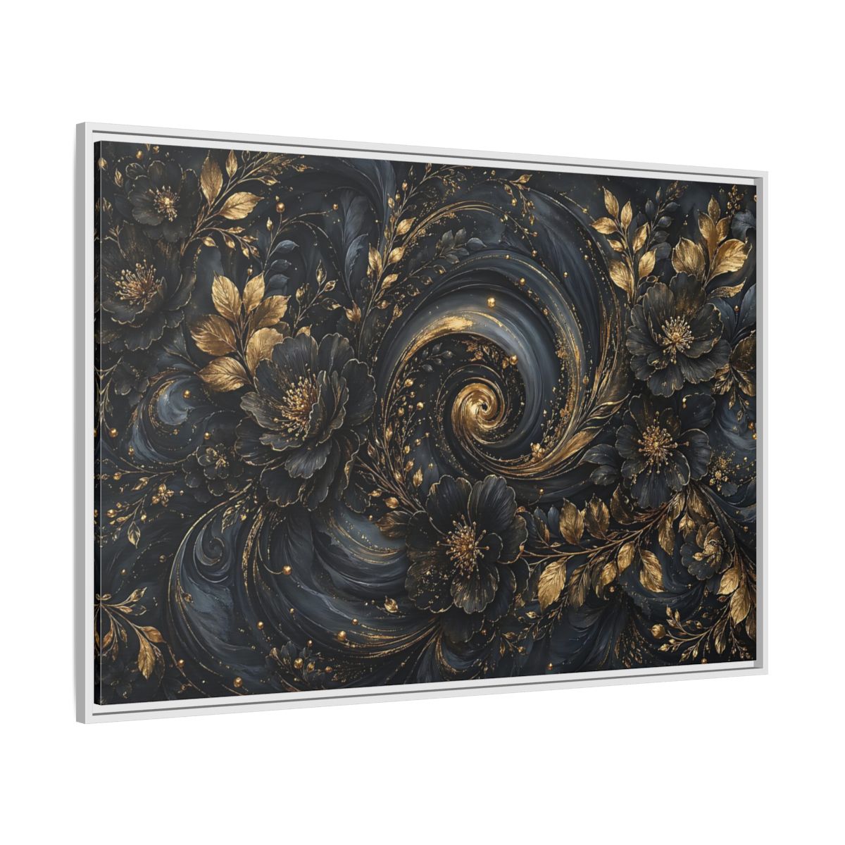 Side Mockup 7. Floral Ornate Flowers Black Gold Floral shown as stretched canvas wall art