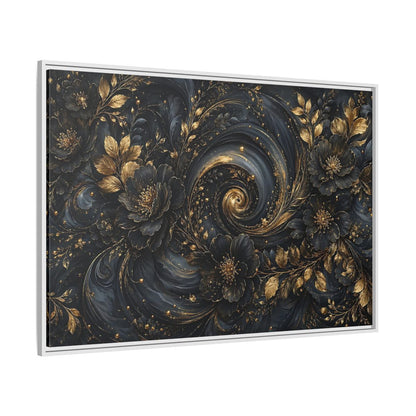Side Mockup 7. Floral Ornate Flowers Black Gold Floral shown as stretched canvas wall art