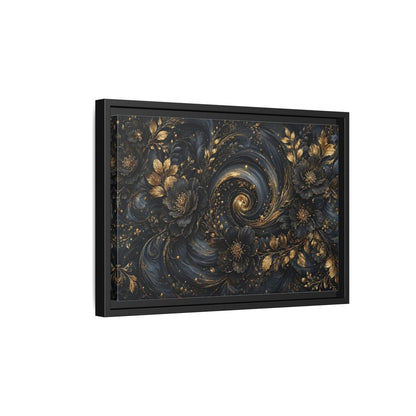 Side Mockup 6. Floral Ornate Flowers Black Gold Floral shown as stretched canvas wall art