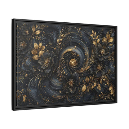 Side Mockup 14. Floral Ornate Flowers Black Gold Floral shown as stretched canvas wall art