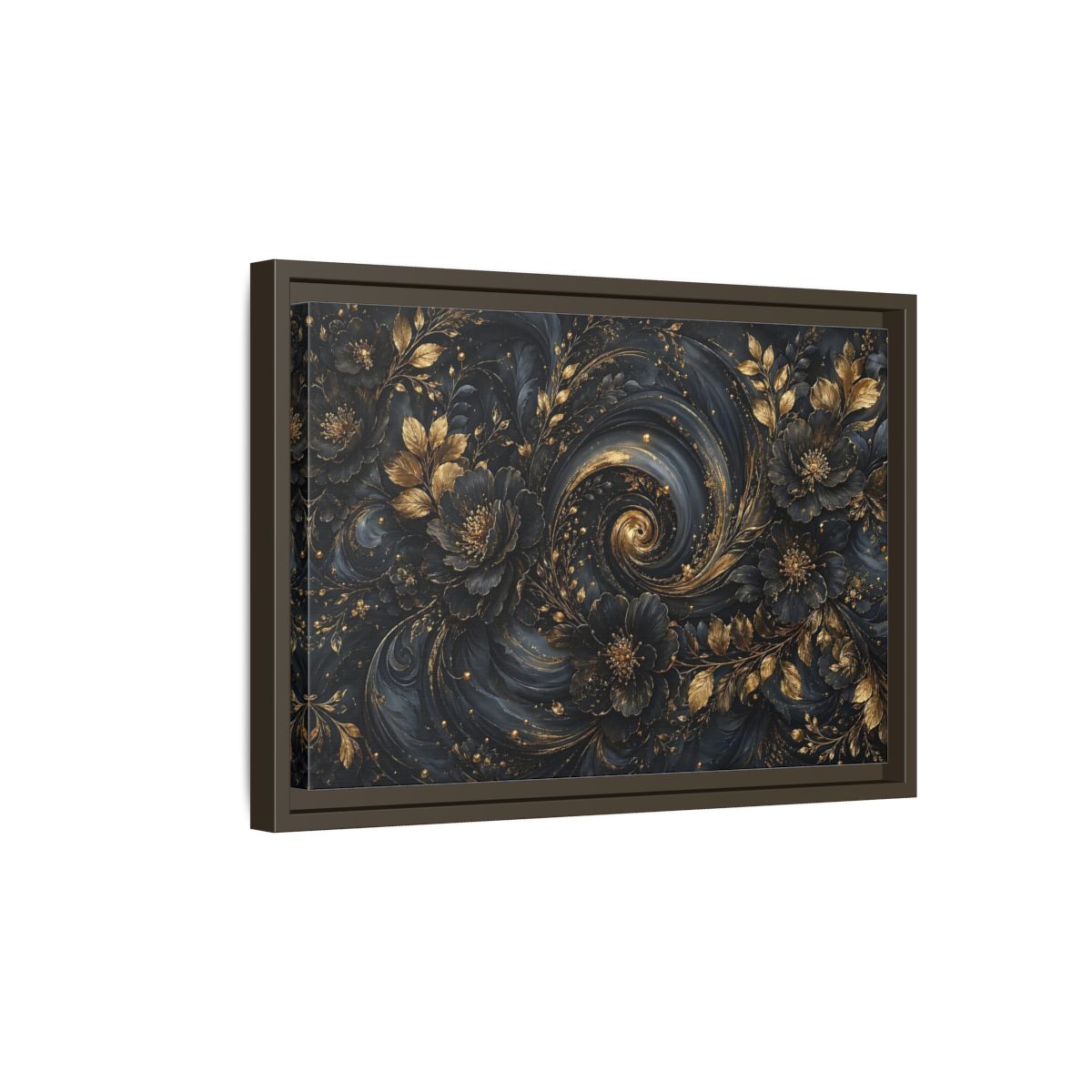 Side Mockup 5. Floral Ornate Flowers Black Gold Floral shown as stretched canvas wall art