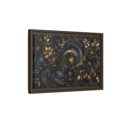 Side Mockup 5. Floral Ornate Flowers Black Gold Floral shown as stretched canvas wall art
