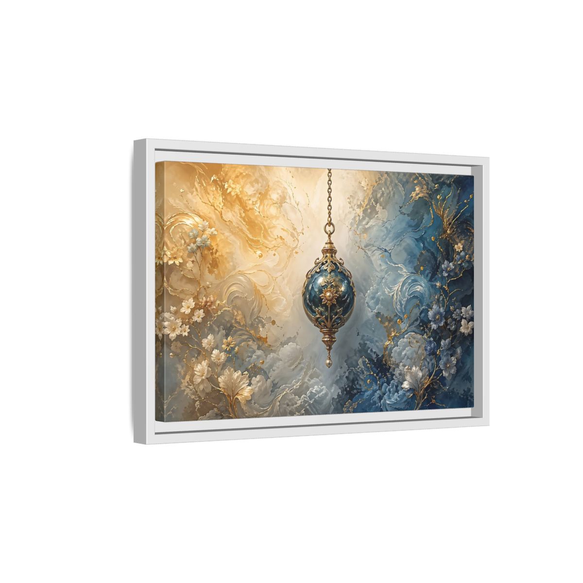 Side Mockup 4. Floral Ornate Lantern Blue And Gold Ornament shown as stretched canvas wall art